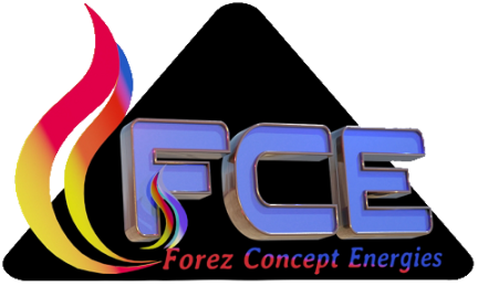 Logo de la société représentant une flamme rouge, jaune et bleue, sur un triangle noir et les lettres FCE soulignées du texte Forez Concept Energies